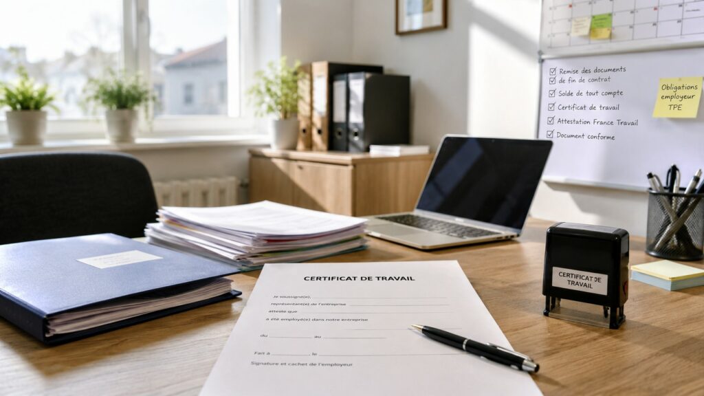 Certificat de travail posé sur le bureau lumineux d’une TPE avec stylo, cachet employeur, ordinateur portable, dossiers administratifs et checklist des documents obligatoires de fin de contrat, 2026-07-15, format 16:9.