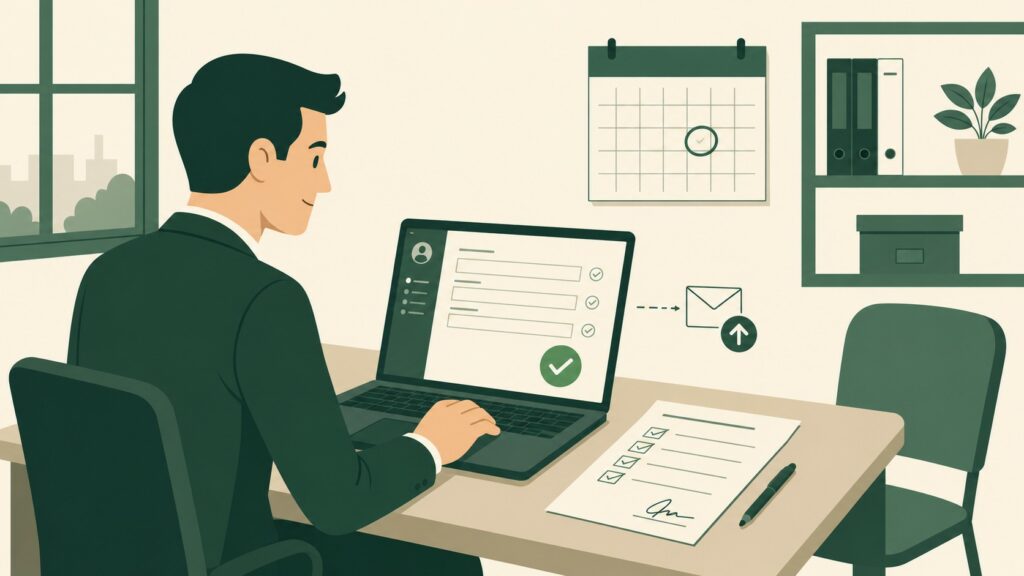 employeur_en_costume_vert_soumet_declaration_embauche_en_ligne_sur_ordinateur_portable_formulaire_checklist_signature_calendrier_echeance_chaise_vide_nouveau_salarie_bureau_tpe_06-07-2026_format_16-9