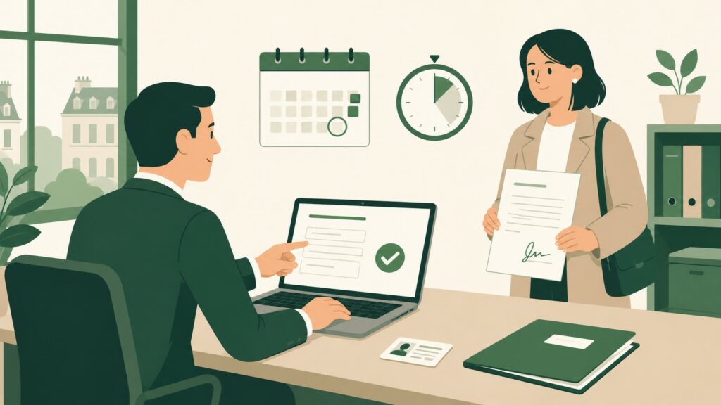 illustration_flat_design_employeur_remplissant_declaration_prealable_embauche_dpae_sur_ordinateur_nouveau_salarie_avec_contrat_signe_calendrier_delai_validation_2026_format_16_9
