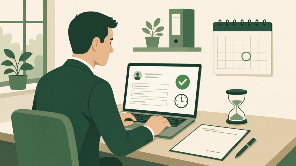 Illustration flat design d’un employeur de TPE en costume vert travaillant sur ordinateur portable pour réaliser une déclaration préalable à l’embauche en ligne avec formulaire validé, calendrier de délai, contrat de travail vierge et sablier, 2026, format 16/9.