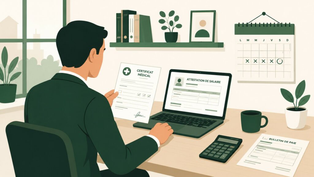 Illustration flat design d’un employeur à son bureau traitant un arrêt maladie salarié avec certificat médical, attestation de salaire sur ordinateur, bulletin de paie, calculatrice et calendrier 2026 format 16/9