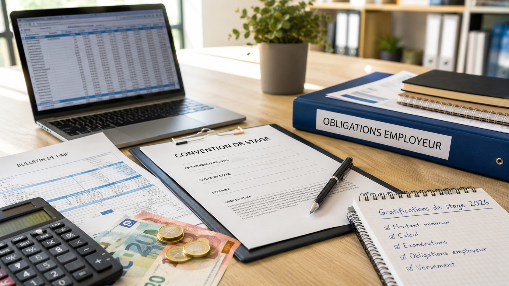 Bureau professionnel ensoleillé avec convention de stage, calculatrice, bulletin de paie, ordinateur affichant un tableau de calcul, billets et pièces en euros, classeur obligations employeur et carnet gratification de stage 2026, 17 juillet 2026, format 16:9