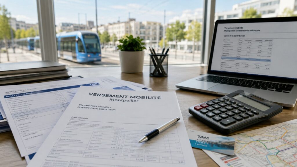 Versement mobilité Montpellier, bureau comptable ensoleillé sans personne avec déclaration annuelle de contribution employeur, bulletins de paie, ordinateur affichant le calcul de la contribution, calculatrice, stylo, ticket TaM, plan du réseau et tramway bleu de Montpellier en arrière-plan, 2026-07-11, format 16:9