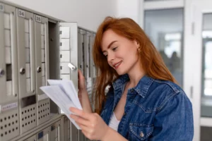 Image d'une femme venant retirer son courrier dans une boîte à lettres domiciliation d'entreprise à Montpellier